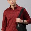 Shirts Classic Polo | Classic Polo Men'S Cotton Full Sleeve Printed Slim Fit Polo Neck Red Color Woven Shirt | So1-12 A