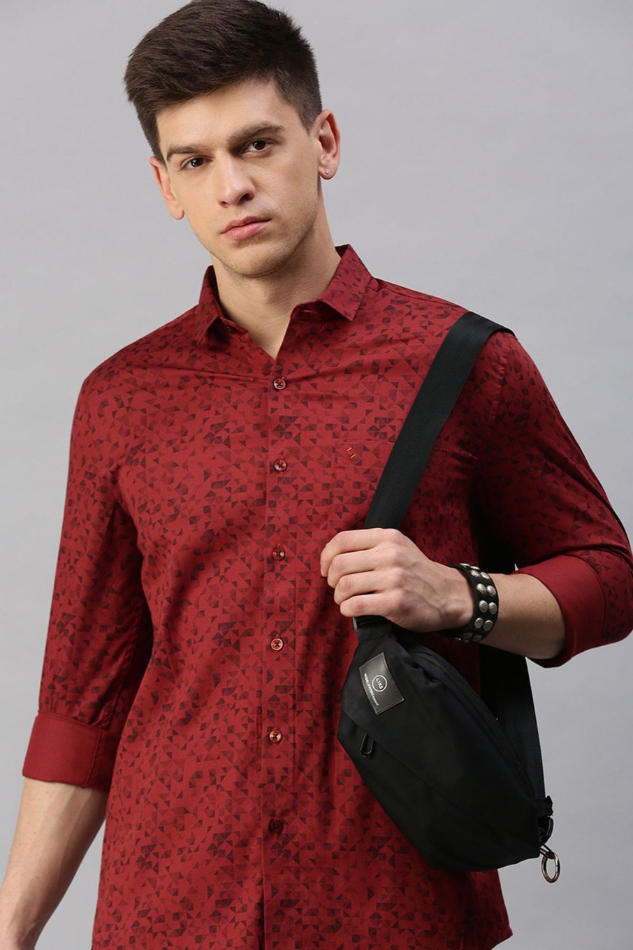 Shirts Classic Polo | Classic Polo Men'S Cotton Full Sleeve Printed Slim Fit Polo Neck Red Color Woven Shirt | So1-12 A