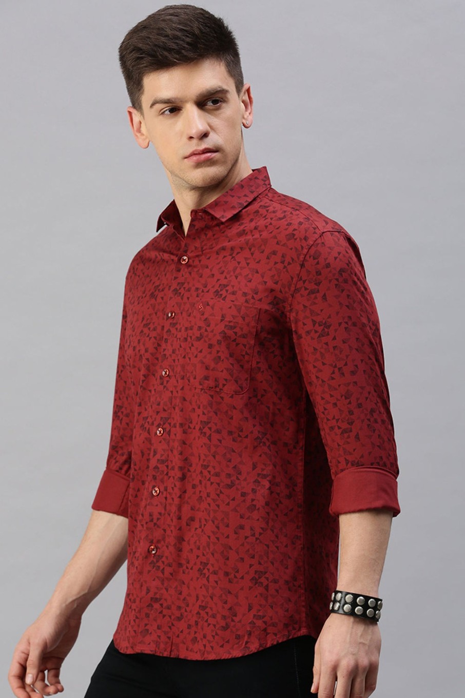 Shirts Classic Polo | Classic Polo Men'S Cotton Full Sleeve Printed Slim Fit Polo Neck Red Color Woven Shirt | So1-12 A