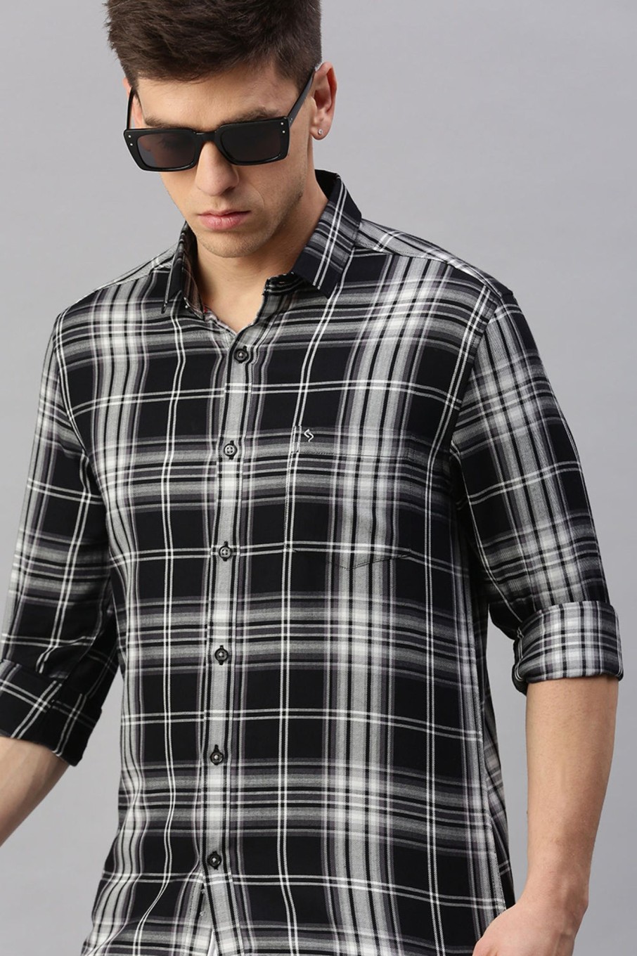 Shirts Classic Polo | Classic Polo Men'S Cotton Full Sleeve Checked Slim Fit Polo Neck Black Color Woven Shirt | So1-131 A