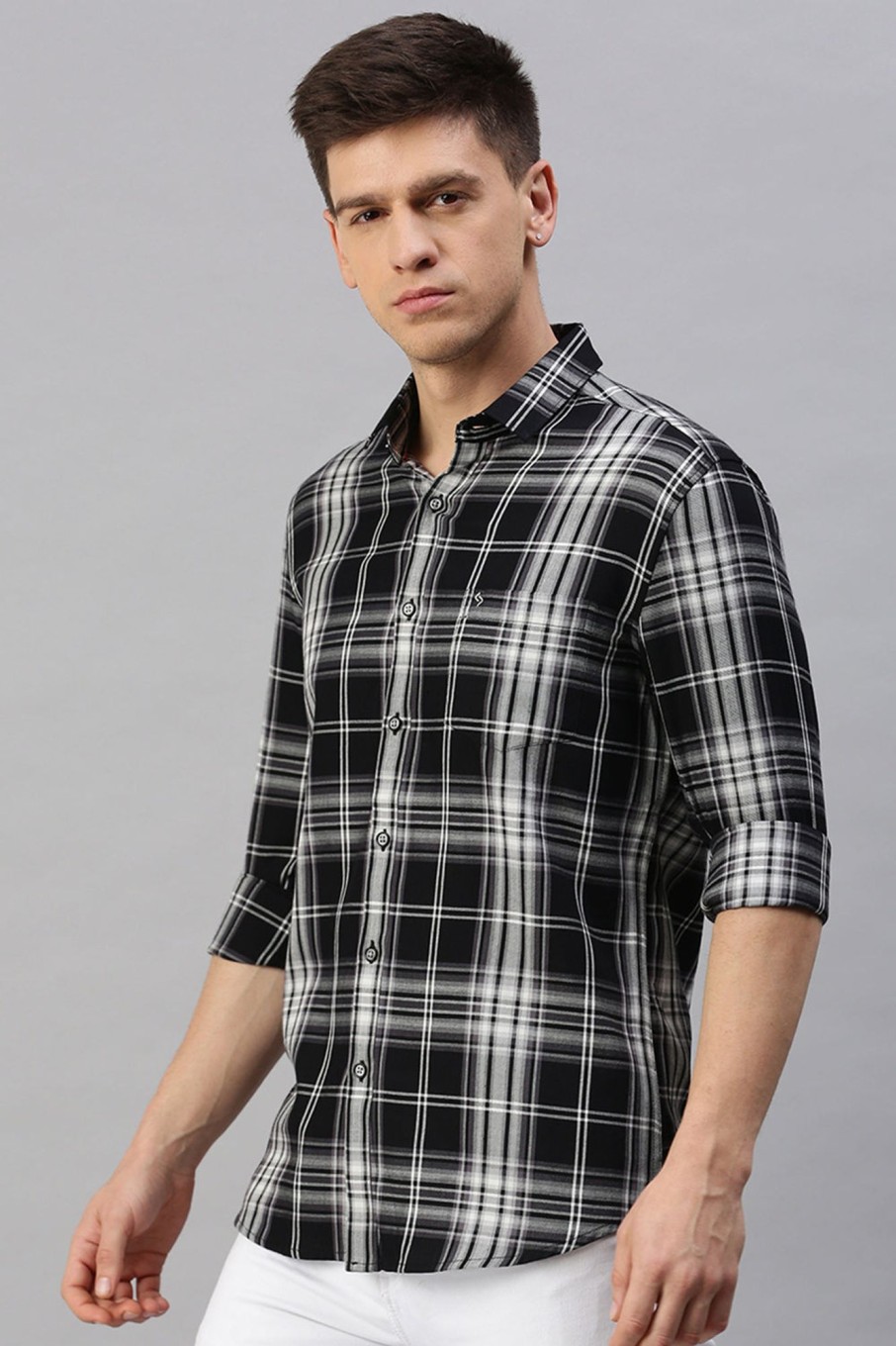 Shirts Classic Polo | Classic Polo Men'S Cotton Full Sleeve Checked Slim Fit Polo Neck Black Color Woven Shirt | So1-131 A