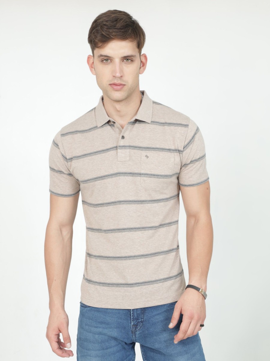 T-Shirts Classic Polo | Classic Polo Mens Casual Beige Melange Striped Cotton T-Shirt | F-Avon - 115 A Af P