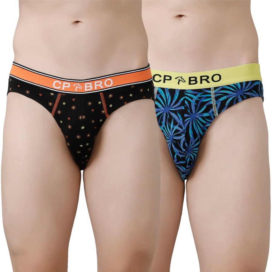 Innerwear CP BRO | Cp Bro Men'S Printed Briefs With Exposed Waistband Value Pack - Black Dot & Blue Leaf (Pack Of 2)