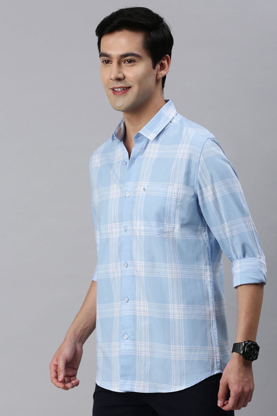 Shirts Classic Polo | Classic Polo Men'S Cotton Full Sleeve Checked Slim Fit Polo Neck Light Blue Color Woven Shirt | So1-46 A