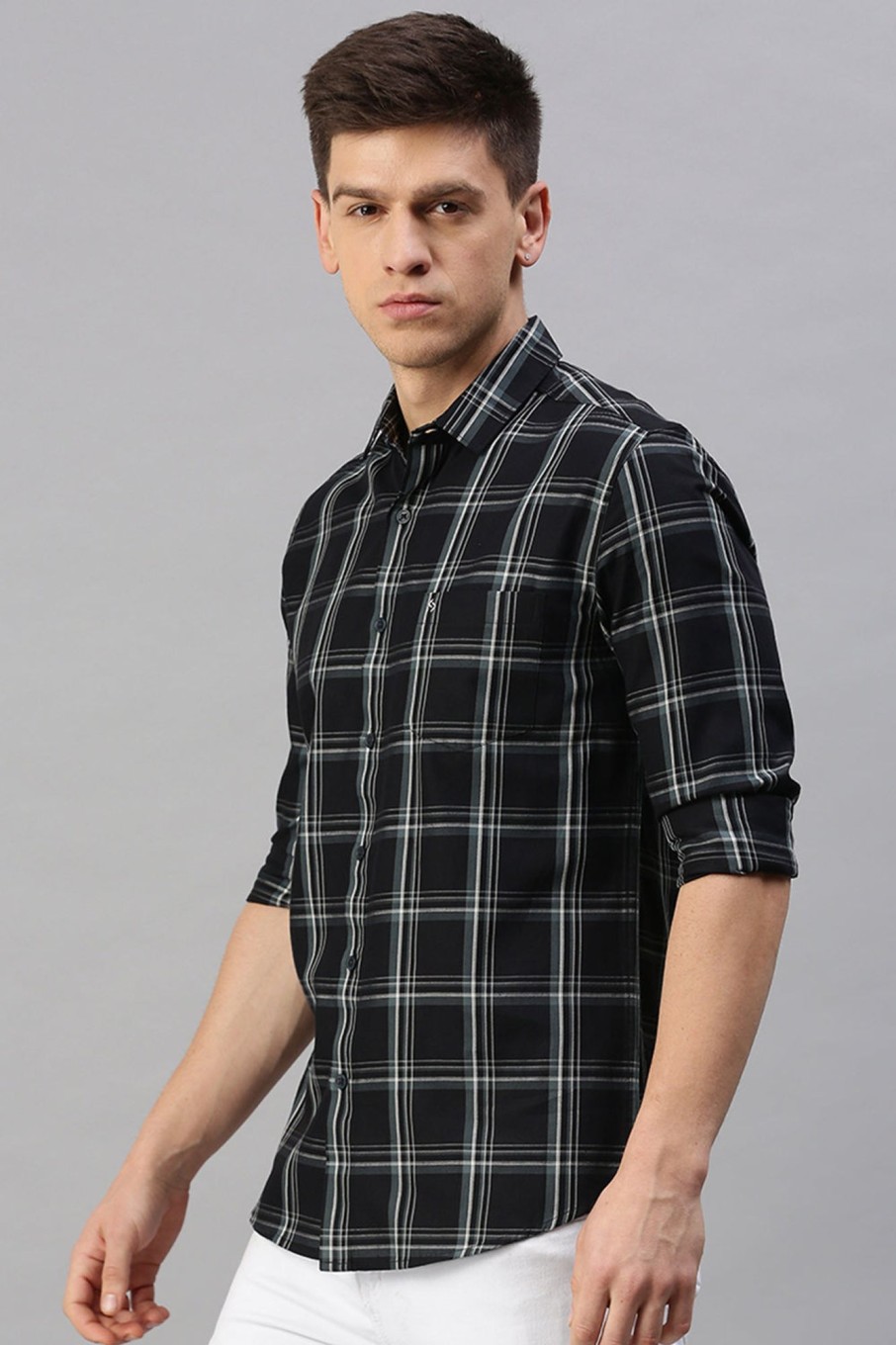 Shirts Classic Polo | Classic Polo Men'S Cotton Full Sleeve Checked Slim Fit Polo Neck Navy Color Woven Shirt | So1-160 B