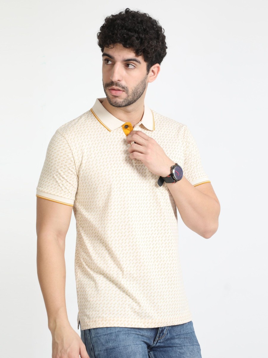 T-Shirts Classic Polo | Classic Polo Mens Pure Cotton Half Sleeves Printed Slim Fit Polo Neck Yellow Color T-Shirt | Bello - 216 B Sf P