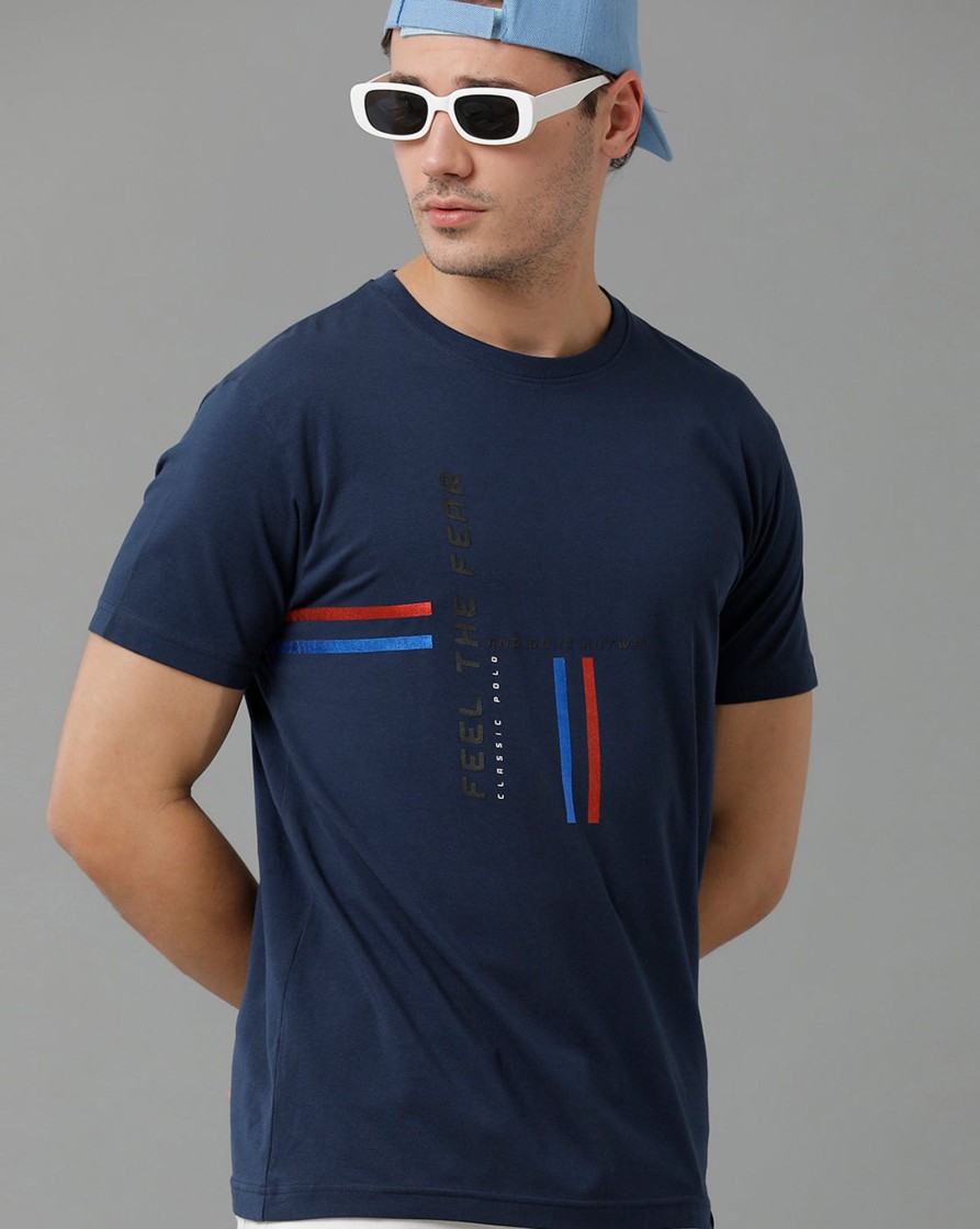 T-Shirts Classic Polo | Classic Polo Men'S Cotton Half Sleeve Printed Slim Fit Round Neck Navy Color T-Shirt | Baleno - 494 B