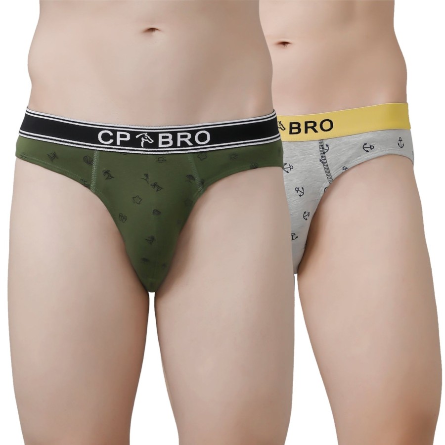 Innerwear CP BRO | Cp Bro Men'S Printed Briefs With Exposed Waistband Value Pack - Olive Green & Grey Anchor (Pack Of 2)