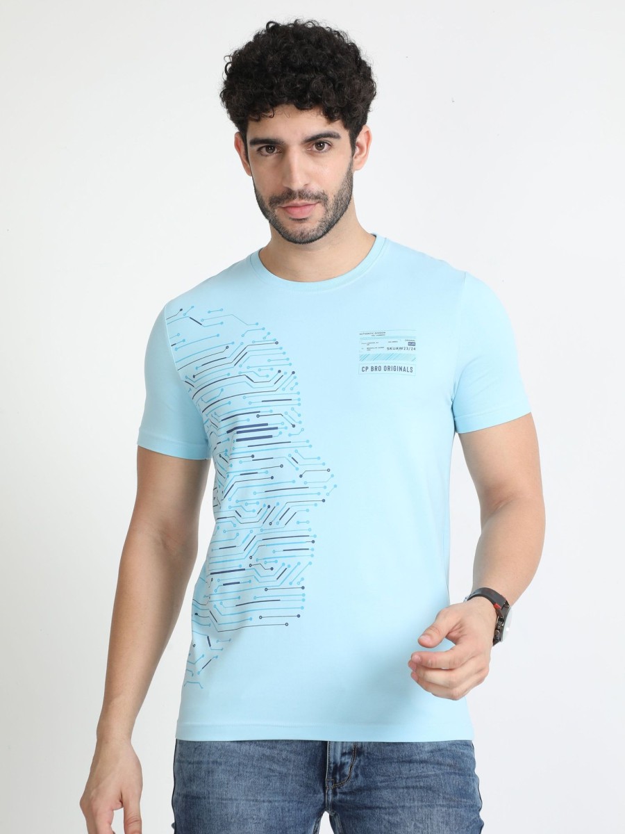 T-Shirts Classic Polo | Classic Polo Mens Cotton Half Sleeves Printed Slim Fit Crew Neck Aqua Blue Color T-Shirt | Brcn - 551 B Sf C