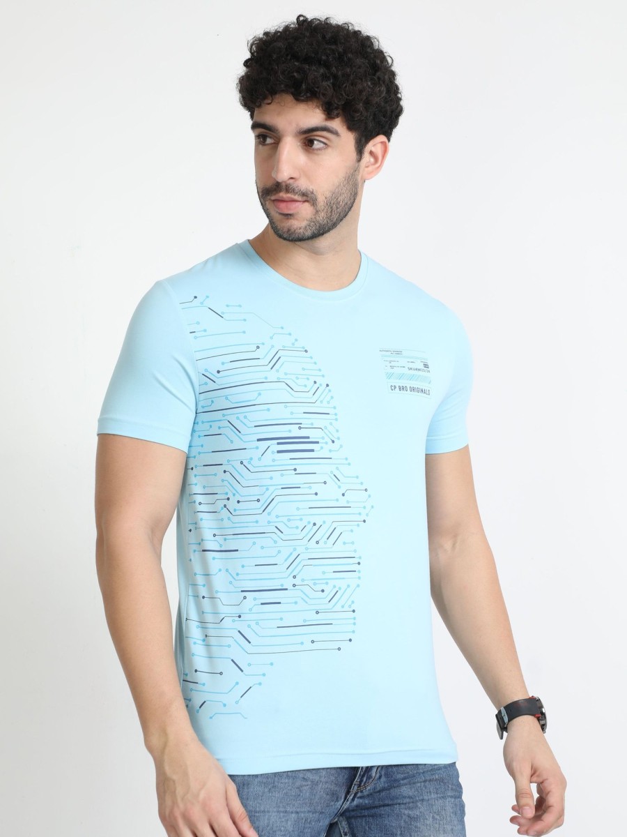 T-Shirts Classic Polo | Classic Polo Mens Cotton Half Sleeves Printed Slim Fit Crew Neck Aqua Blue Color T-Shirt | Brcn - 551 B Sf C