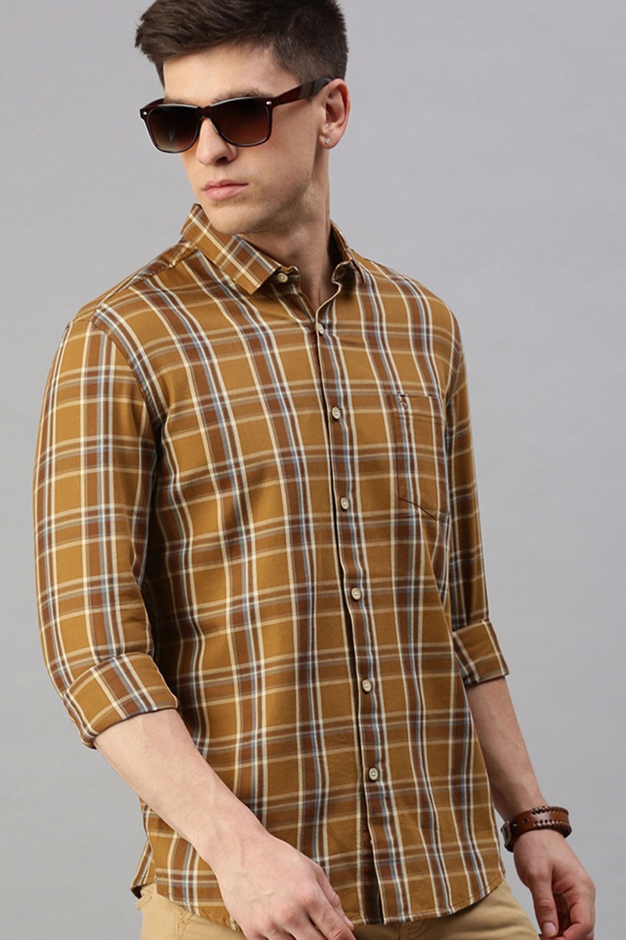 Shirts Classic Polo | Classic Polo Men'S Cotton Full Sleeve Checked Slim Fit Polo Neck Khaki Color Woven Shirt | So1-161 A