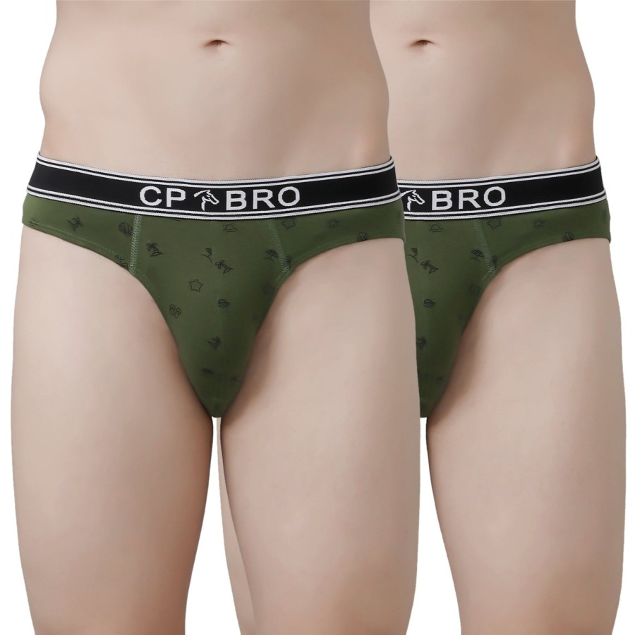 Innerwear CP BRO | Cp Bro Men'S Printed Briefs With Exposed Waistband Value Pack - Olive Green (Pack Of 2)