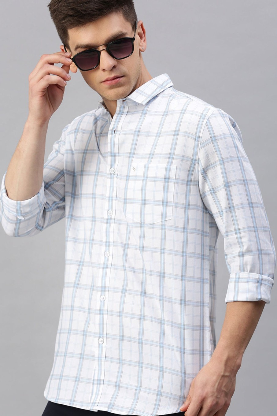 Shirts Classic Polo | Classic Polo Men'S Cotton Full Sleeve Checked Slim Fit Polo Neck White Color Woven Shirt | So1-95 A