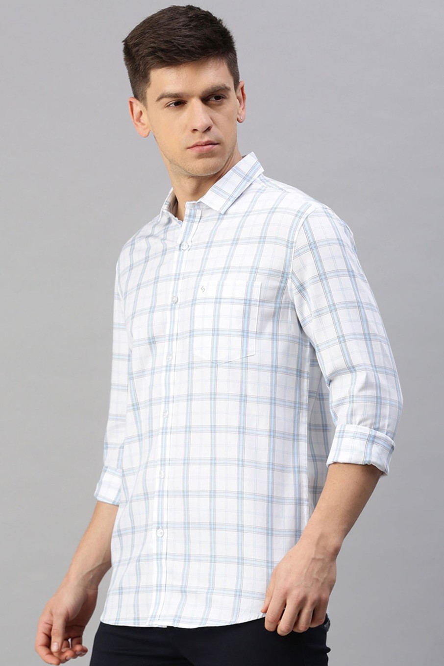 Shirts Classic Polo | Classic Polo Men'S Cotton Full Sleeve Checked Slim Fit Polo Neck White Color Woven Shirt | So1-95 A