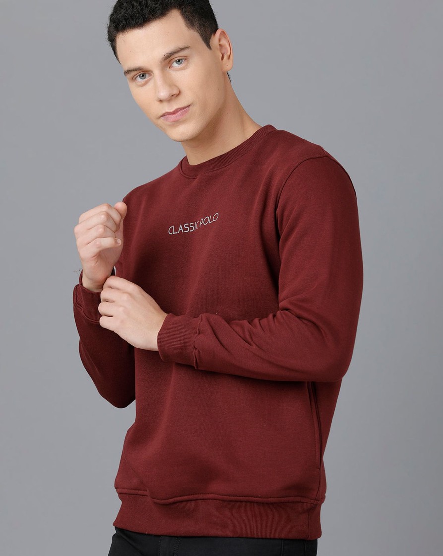 T-Shirts Classic Polo | Classic Polo Mens Cotton Blend Full Sleeve Solid Slim Fit Maroon Color Round Neck Sweat Shirt | Cpss - 414 I