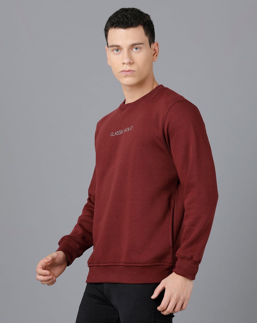 T-Shirts Classic Polo | Classic Polo Mens Cotton Blend Full Sleeve Solid Slim Fit Maroon Color Round Neck Sweat Shirt | Cpss - 414 I