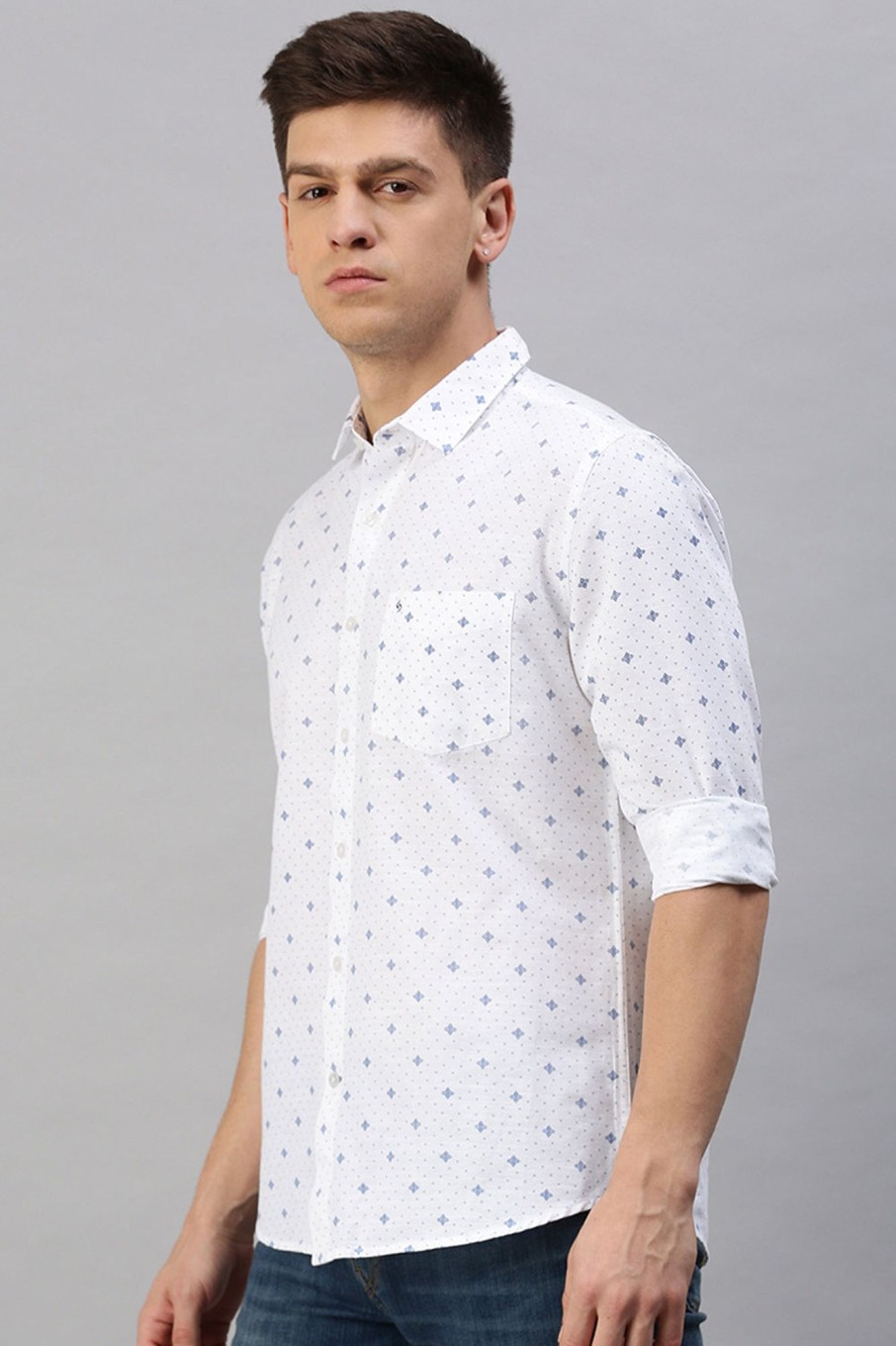 Shirts Classic Polo | Classic Polo Men'S Cotton Full Sleeve Printed Slim Fit Polo Neck White Color Woven Shirt | So1-25 B