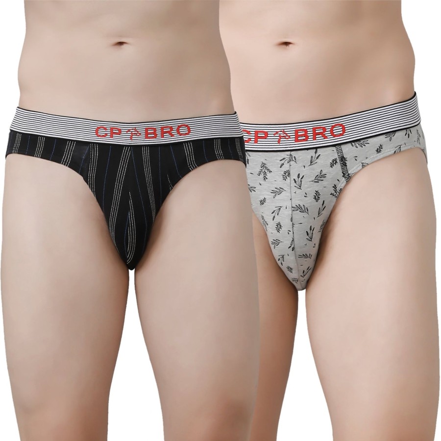 Innerwear CP BRO | Cp Bro Men'S Printed Briefs With Exposed Waistband Value Pack - Black Stripe & Grey (Pack Of 2)