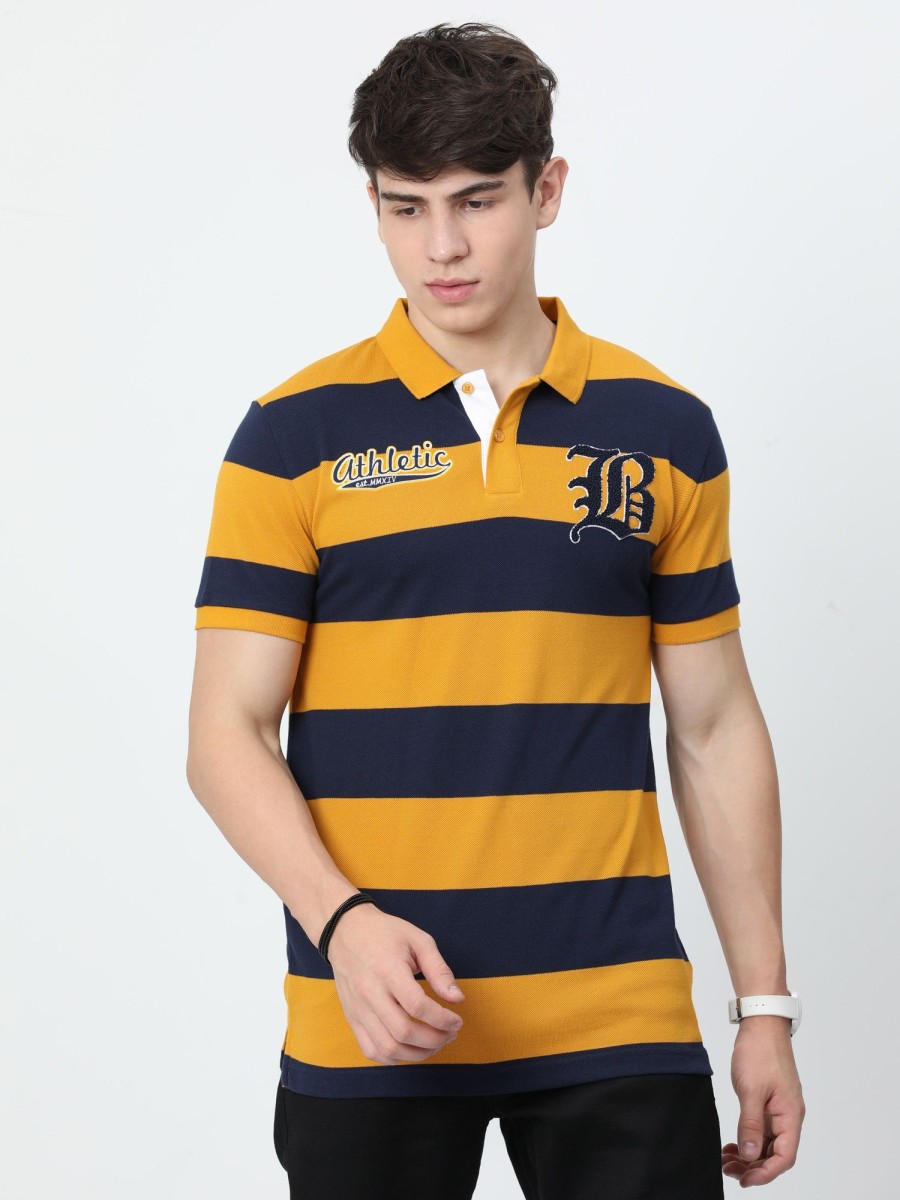 T-Shirts Classic Polo | Classic Polo Mens Cotton Half Sleeves Striped Slim Fit Polo Neck Yellow Color T-Shirt | Brp - 395 A Sf P