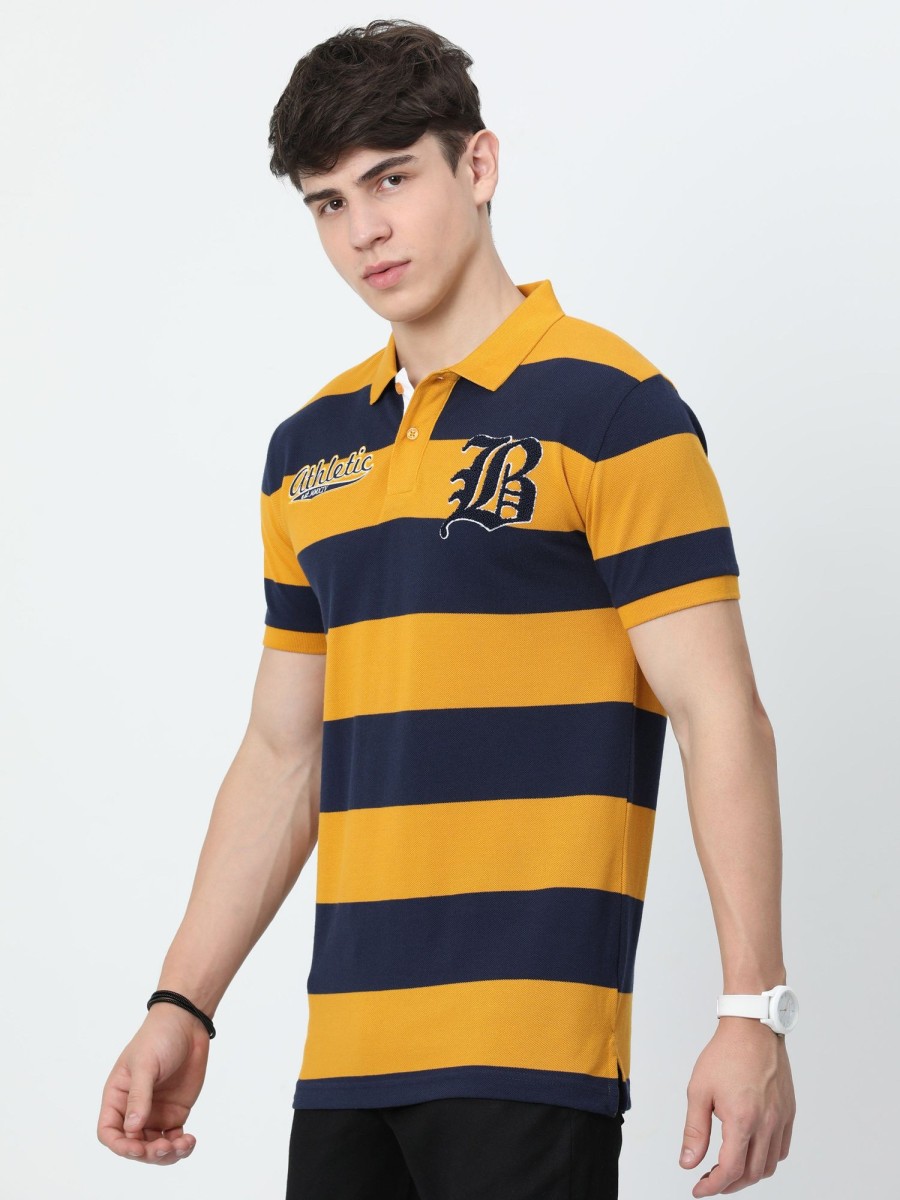 T-Shirts Classic Polo | Classic Polo Mens Cotton Half Sleeves Striped Slim Fit Polo Neck Yellow Color T-Shirt | Brp - 395 A Sf P