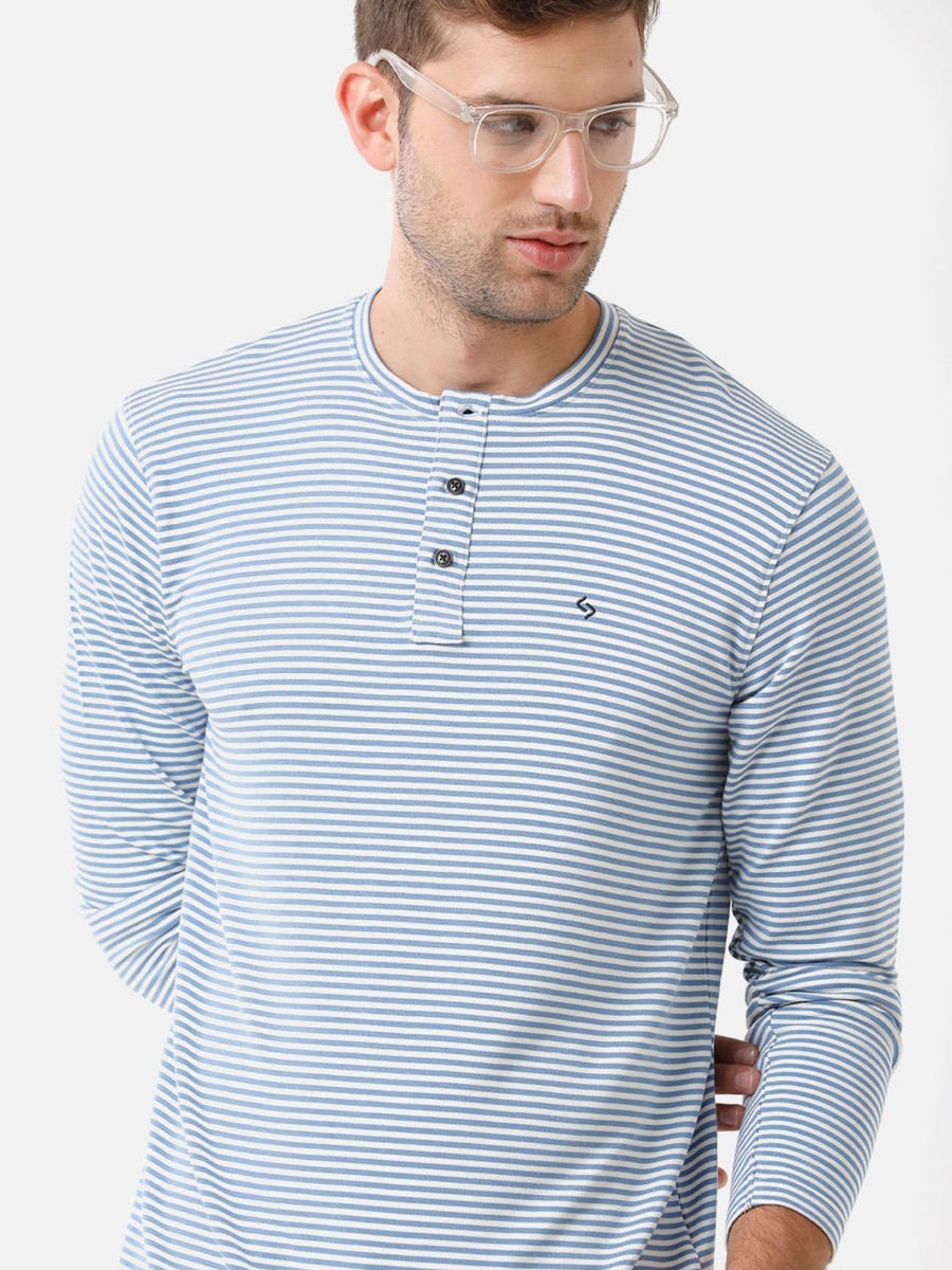 T-Shirts Classic Polo | Classic Polo Mens Cotton Striped Full Sleeve Slim Fit Round Neck Blue Color T-Shirt | Verno 305