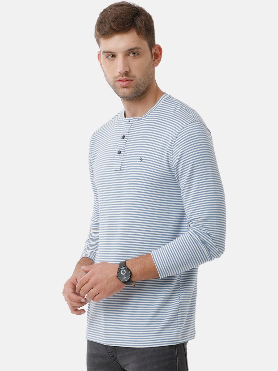 T-Shirts Classic Polo | Classic Polo Mens Cotton Striped Full Sleeve Slim Fit Round Neck Blue Color T-Shirt | Verno 305