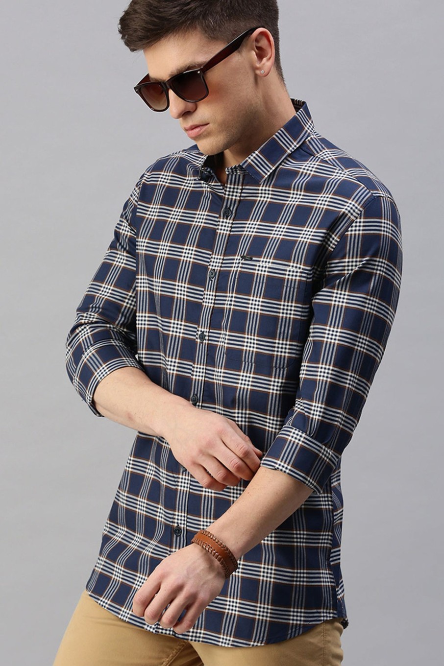 Shirts Classic Polo | Classic Polo Men'S Cotton Full Sleeve Checked Slim Fit Polo Neck Multicolur Woven Shirt | So1-56 A