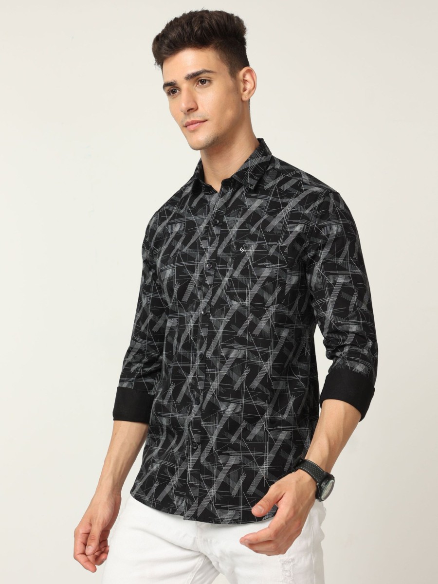 Shirts Classic Polo | Classic Polo Men'S Cotton Full Sleeve Printed Slim Fit Polo Neck Black Color Woven Shirt | So1-10 B