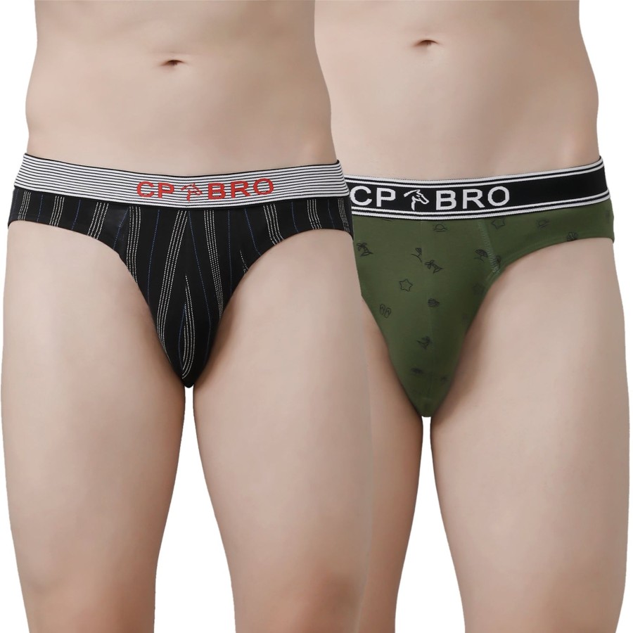 Innerwear CP BRO | Cp Bro Men'S Printed Briefs With Exposed Waistband Value Pack - Black Stripe & Olive Green (Pack Of 2)