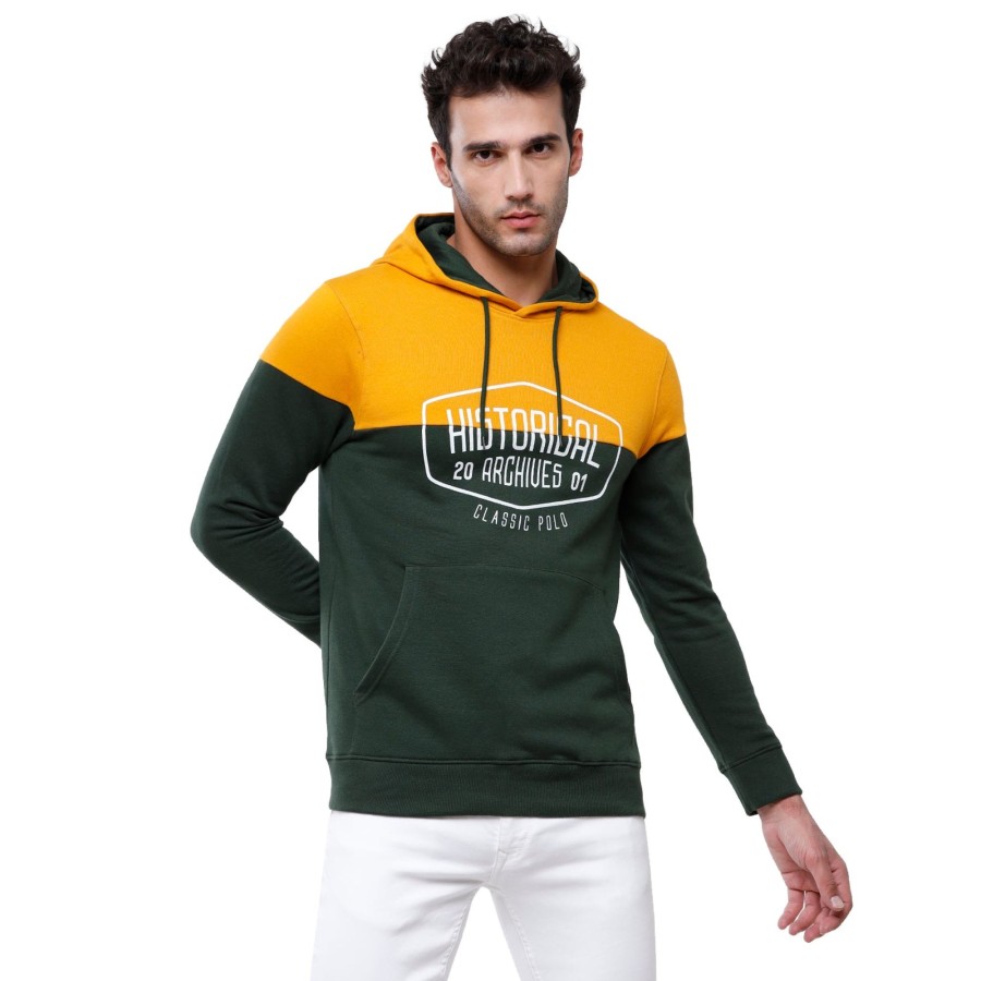 T-Shirts Classic Polo | Classic Polo Men'S Color Block Full Sleeve Yellow & Green Hooded Sweat Shirt - Cpss-335 A