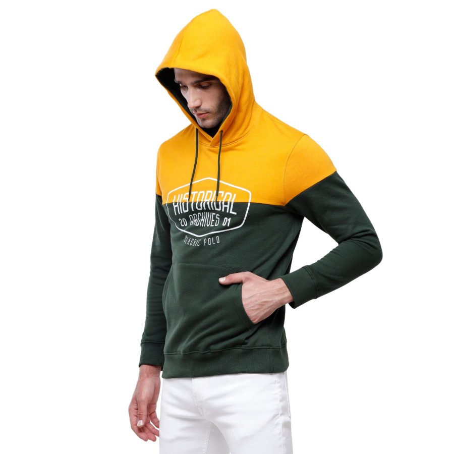 T-Shirts Classic Polo | Classic Polo Men'S Color Block Full Sleeve Yellow & Green Hooded Sweat Shirt - Cpss-335 A