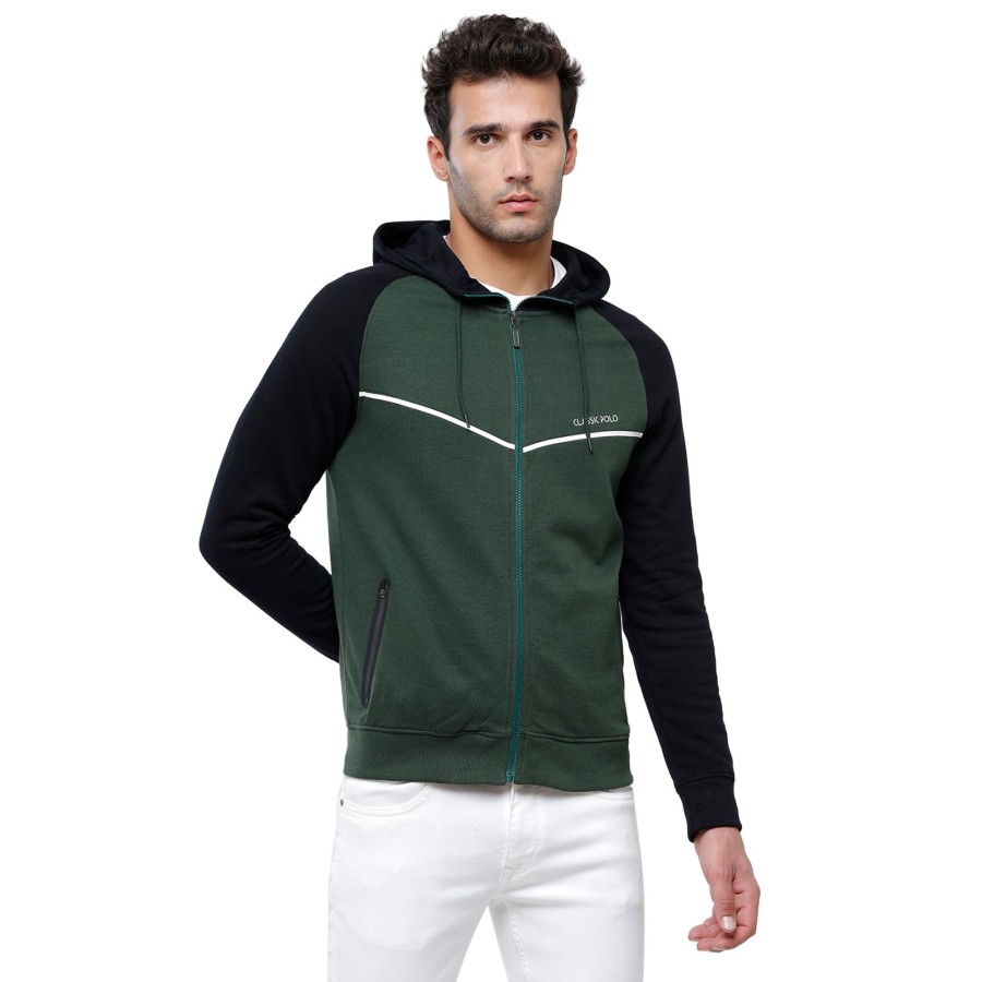 T-Shirts Classic Polo | Classic Polo Men'S Color Block Full Sleeve Green & Black Hooded Sweat Shirt - Cpss-325A