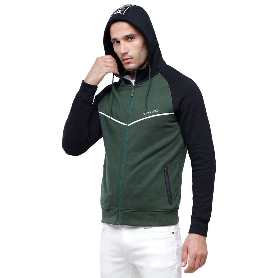 T-Shirts Classic Polo | Classic Polo Men'S Color Block Full Sleeve Green & Black Hooded Sweat Shirt - Cpss-325A