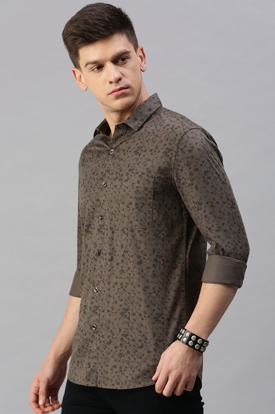 Shirts Classic Polo | Classic Polo Men'S Cotton Full Sleeve Printed Slim Fit Polo Neck Khaki Color Woven Shirt | So1-12 B