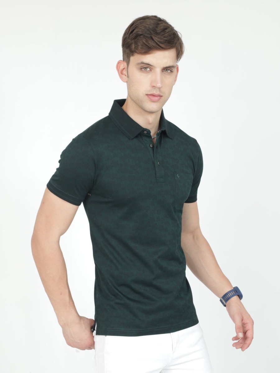 T-Shirts Classic Polo | Classic Polo Mens Cotton Half Sleeves Floral Slim Fit Polo Neck Dark Green Color T-Shirt | Scant - 33 A Sf P