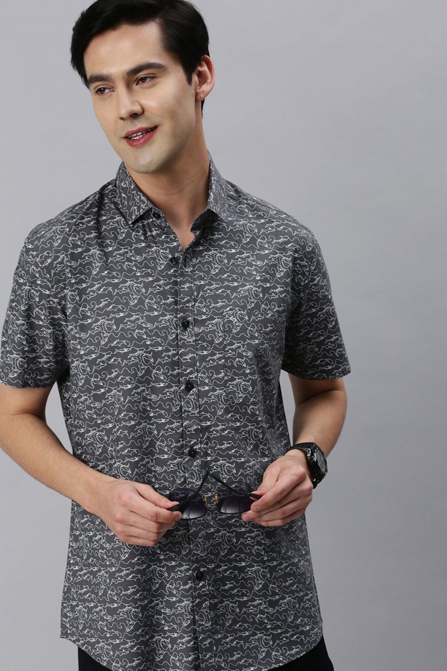 Shirts Classic Polo | Classic Polo Men'S Cotton Half Sleeve Printed Slim Fit Polo Neck Grey Color Woven Shirt | So1-148 B