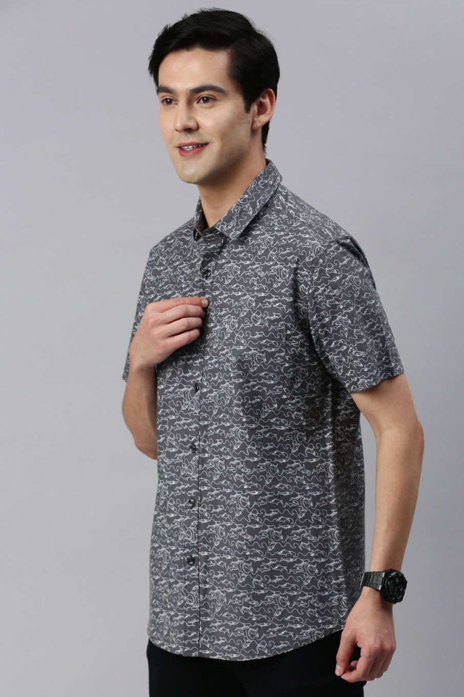 Shirts Classic Polo | Classic Polo Men'S Cotton Half Sleeve Printed Slim Fit Polo Neck Grey Color Woven Shirt | So1-148 B