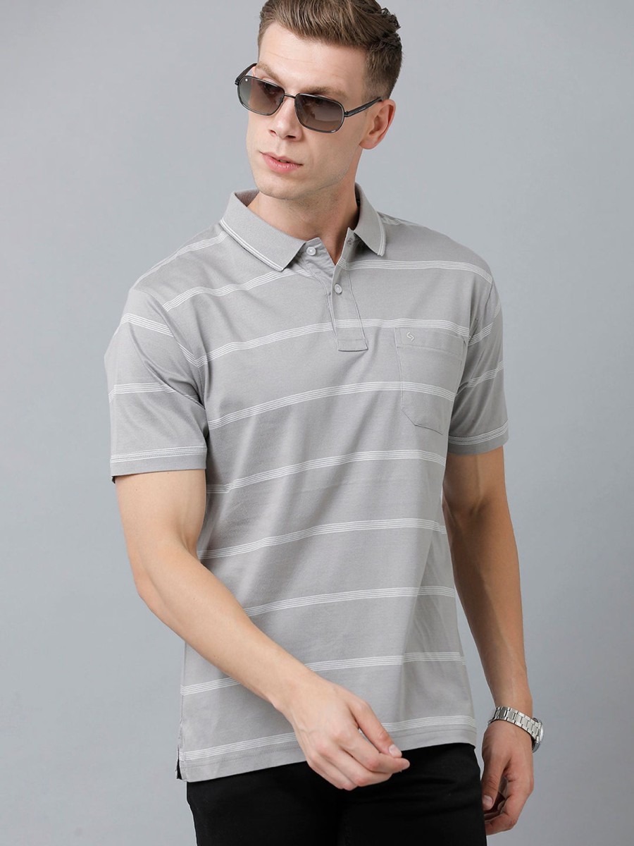 T-Shirts Classic Polo | Classic Polo Men'S Cotton Half Sleeve Striped Authentic Fit Polo Neck Grey Color T-Shirt | Ap - 83 A