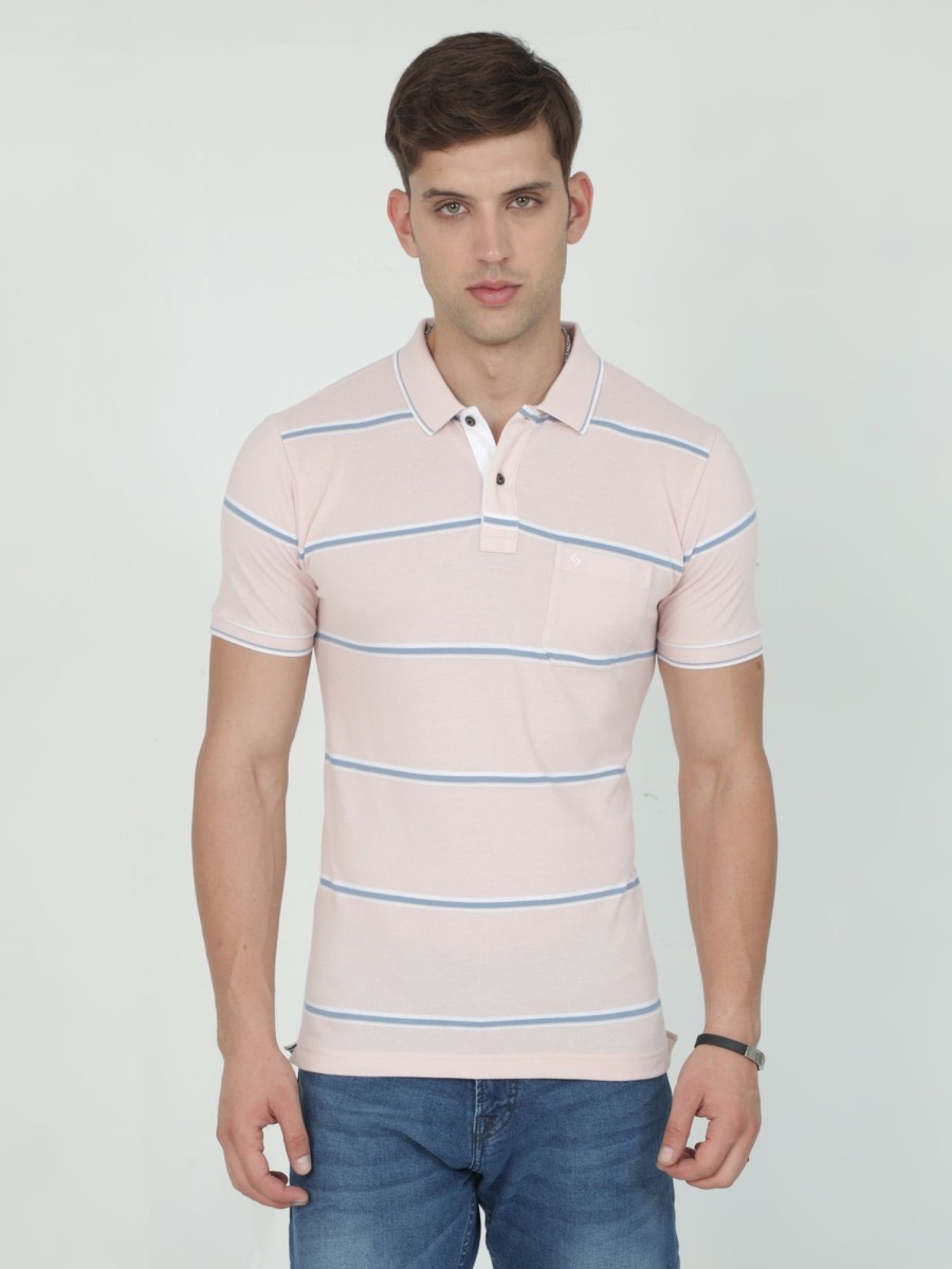 T-Shirts Classic Polo | Classic Polo Mens Casual Lt.Peach Striped Cotton T-Shirt | F-Adore - 106 B Sf P