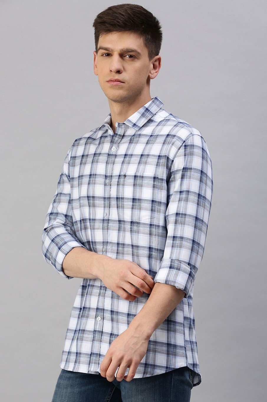 Shirts Classic Polo | Classic Polo Men'S Cotton Full Sleeve Checked Slim Fit Polo Neck Blue Color Woven Shirt | So1-64 A