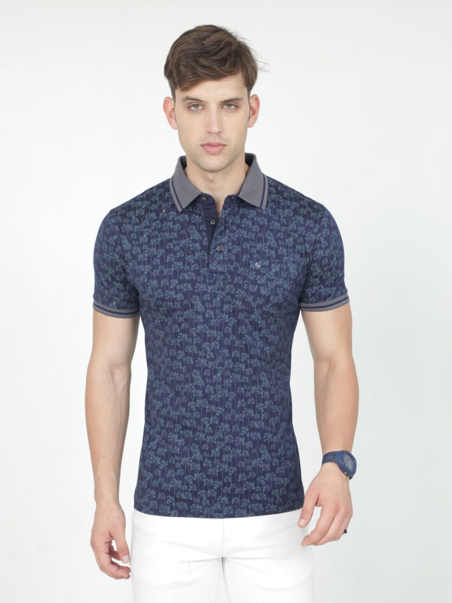 T-Shirts Classic Polo | Classic Polo Mens Cotton Half Sleeves Floral Slim Fit Polo Neck Blue Color T-Shirt | Scant - 33 B Sf P