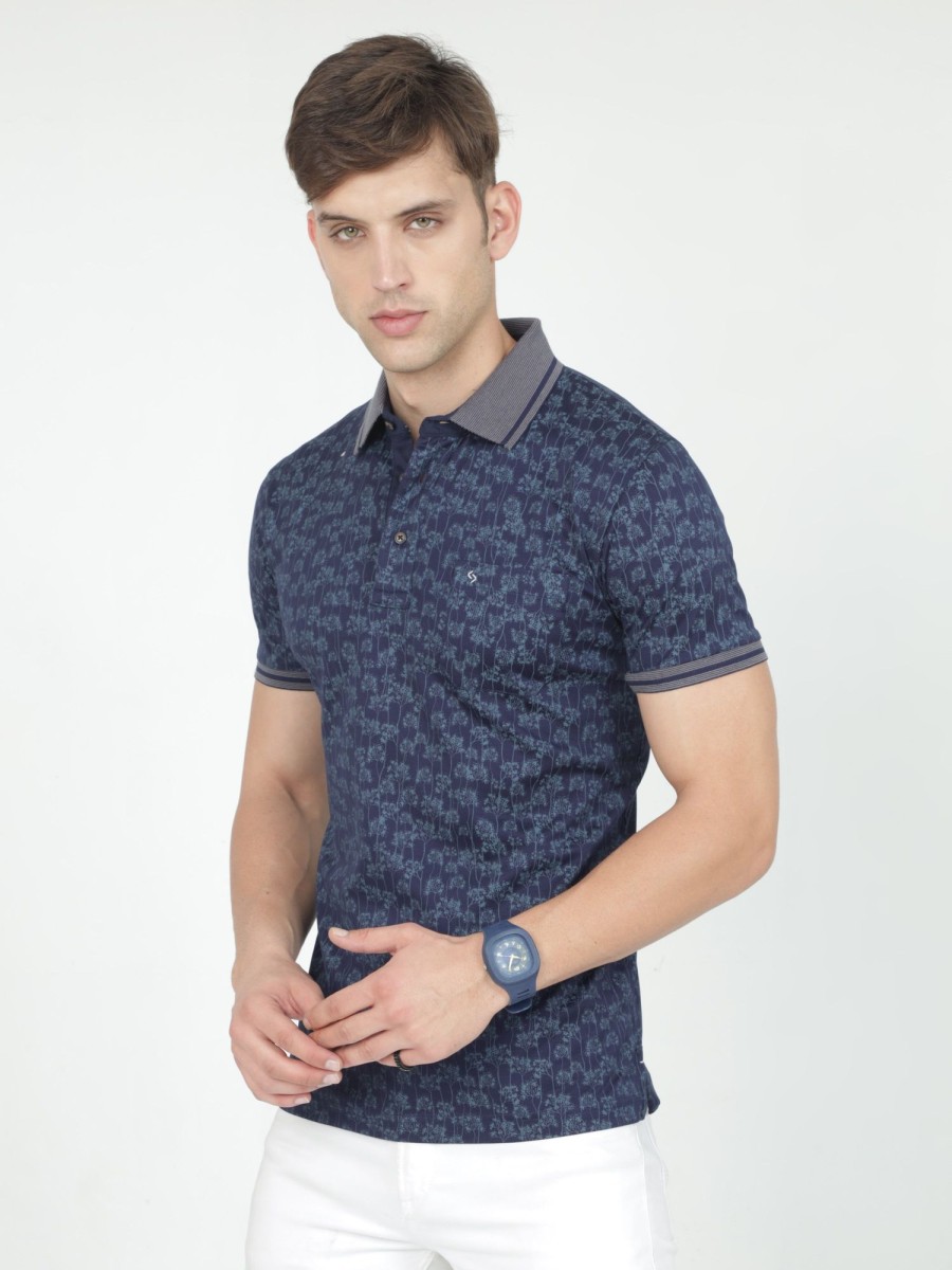 T-Shirts Classic Polo | Classic Polo Mens Cotton Half Sleeves Floral Slim Fit Polo Neck Blue Color T-Shirt | Scant - 33 B Sf P