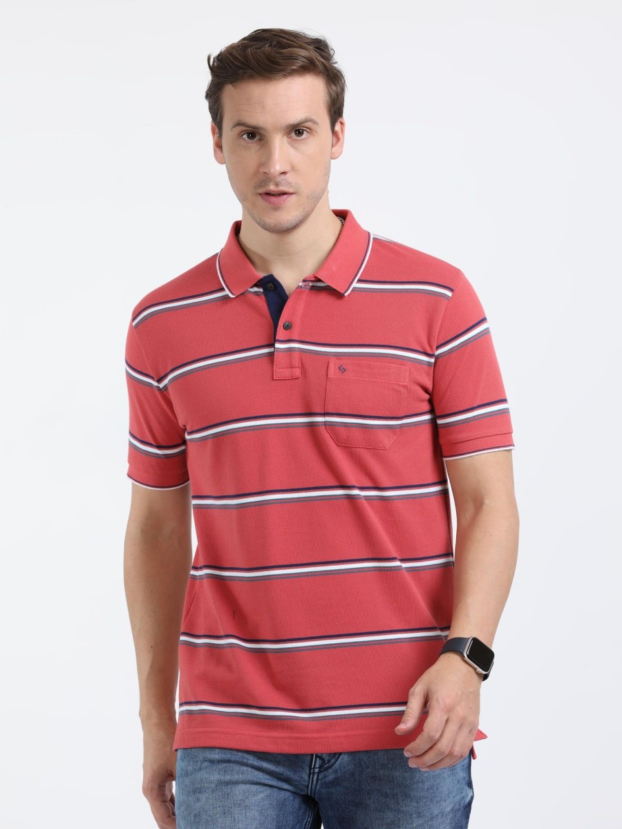 T-Shirts Classic Polo | Classic Polo Mens Cotton Half Sleeves Striped Slim Fit Polo Neck Red Color T-Shirt | Adore - 206 B Sf P