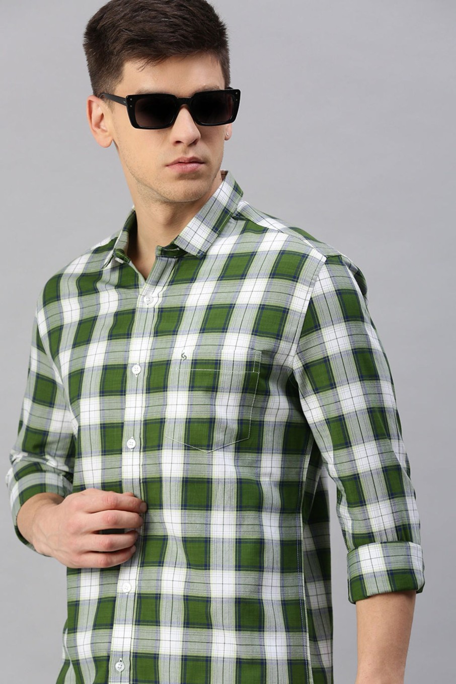 Shirts Classic Polo | Classic Polo Men'S Cotton Full Sleeve Checked Slim Fit Polo Neck Green Color Woven Shirt | So1-65 A