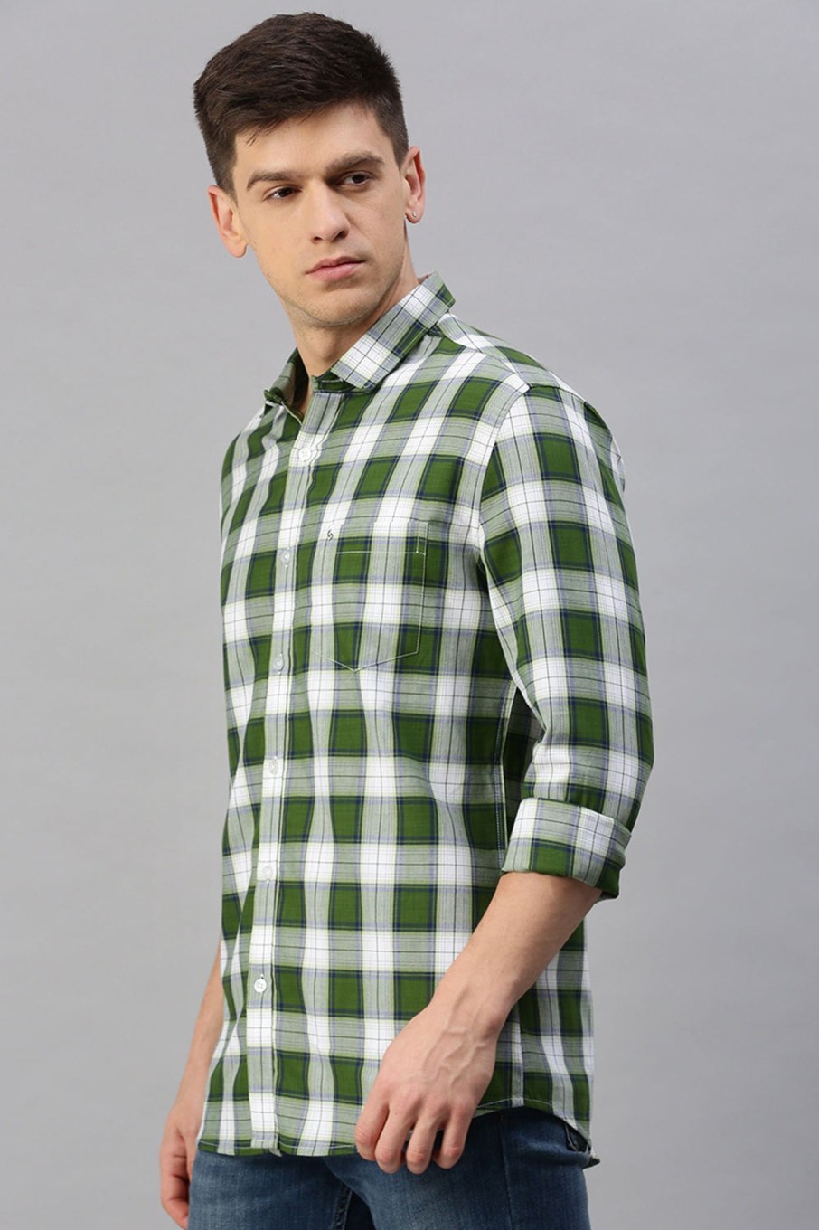 Shirts Classic Polo | Classic Polo Men'S Cotton Full Sleeve Checked Slim Fit Polo Neck Green Color Woven Shirt | So1-65 A