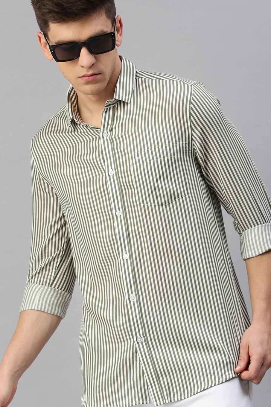 Shirts Classic Polo | Classic Polo Men'S Cotton Full Sleeve Striped Slim Fit Polo Neck Grey Color Woven Shirt | So1-105 A