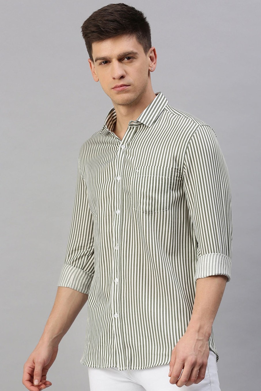 Shirts Classic Polo | Classic Polo Men'S Cotton Full Sleeve Striped Slim Fit Polo Neck Grey Color Woven Shirt | So1-105 A