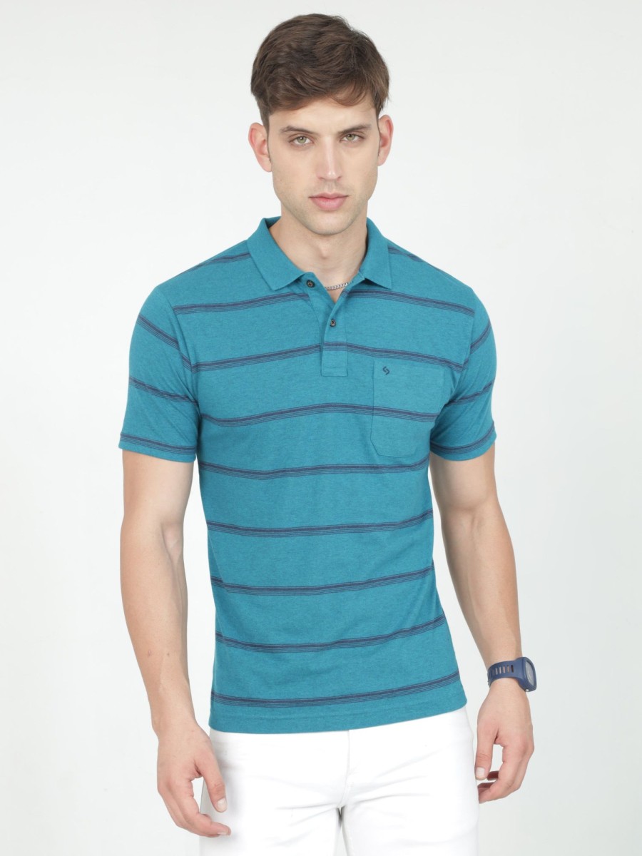 T-Shirts Classic Polo | Classic Polo Mens Casual Teal Melange Striped Cotton T-Shirt | F-Avon - 115 B Af P