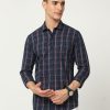 Shirts Classic Polo | Classic Polo Men'S Cotton Full Sleeve Checked Slim Fit Polo Neck Navy Blue Color Woven Shirt | So1-97 B