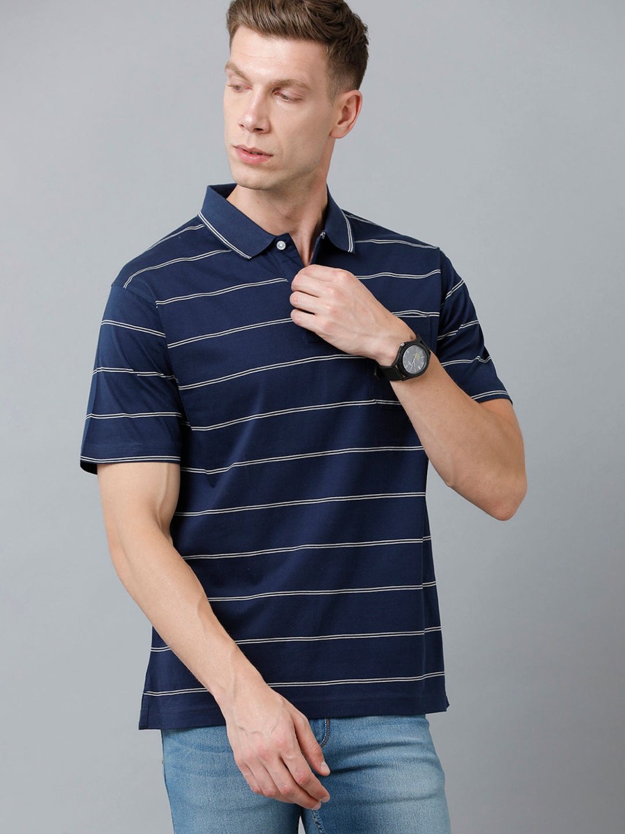 T-Shirts Classic Polo | Classic Polo Men'S Cotton Half Sleeve Striped Authentic Fit Polo Neck Dark Blue Color T-Shirt | Ap - 85 B